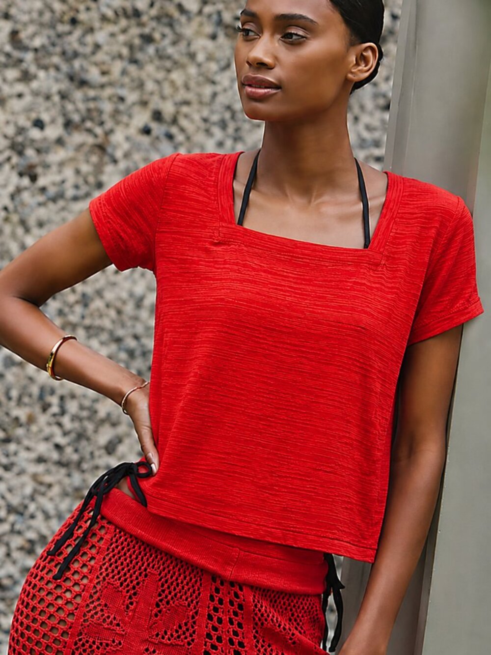 Anthropologie Red Square Neck Slub Knit Tee XS Casual Short Sleeve Top